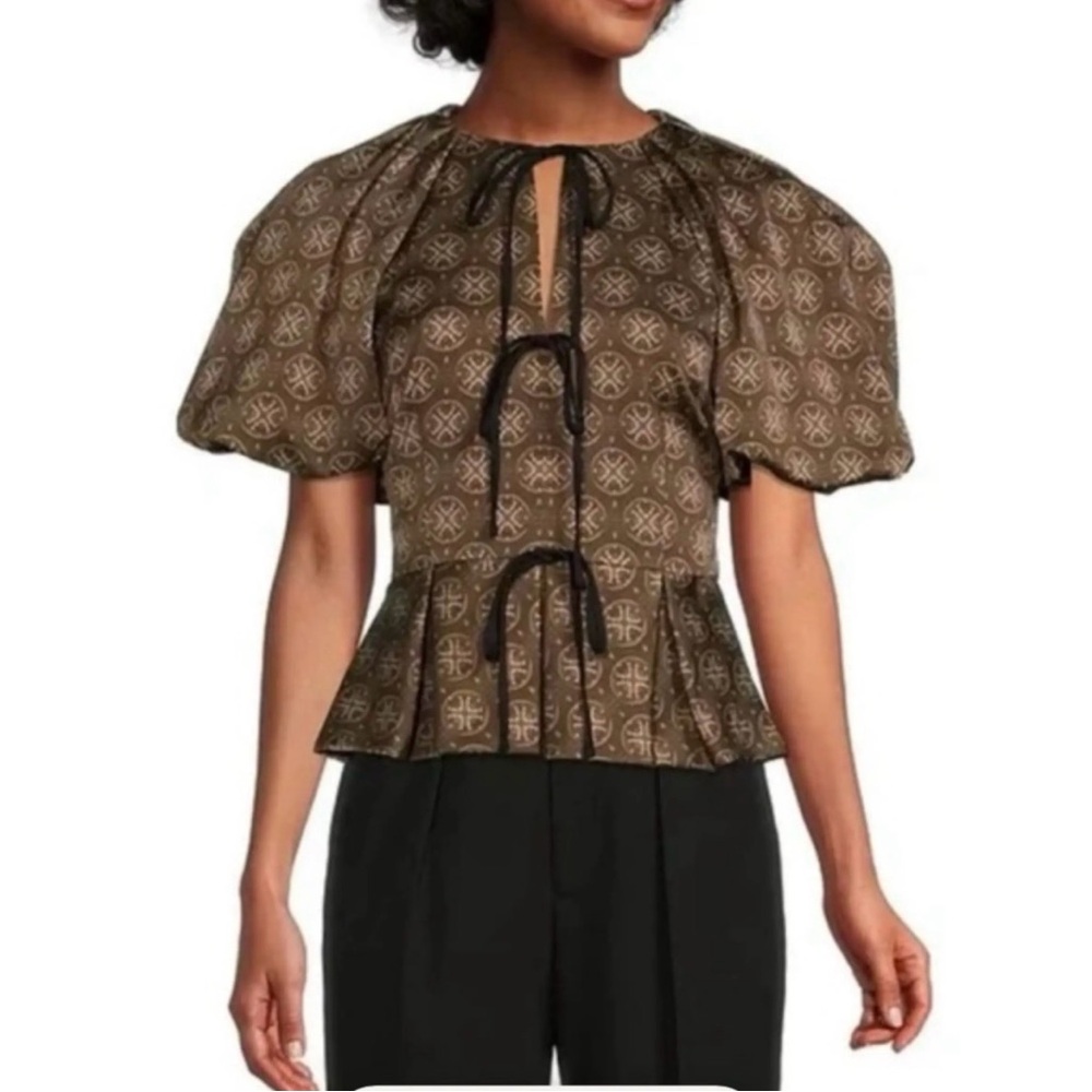 Antonio Melani x Courtney Grow Brown Patterned Puff-Sleeve Peplum Top